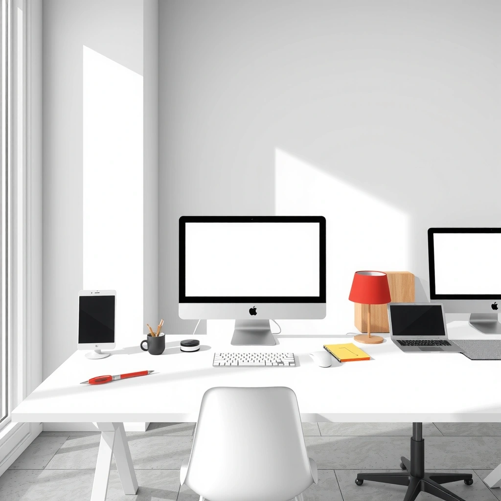 Clean minimalist workspace with design tools and computer setup